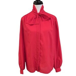80s Vintage Lady Bond Shirt Womens 12 Red Bow Tie Neck Long Sleeve Secretary